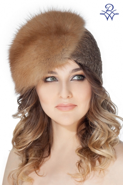 Женская шапка из куницы и каракульчи коричнево-серой модель чалма куница лесная натуральная