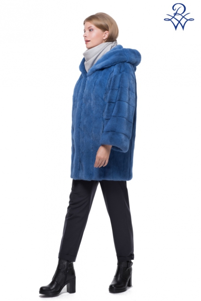 Норковая куртка с капюшоном женская модель 281К норка синяя