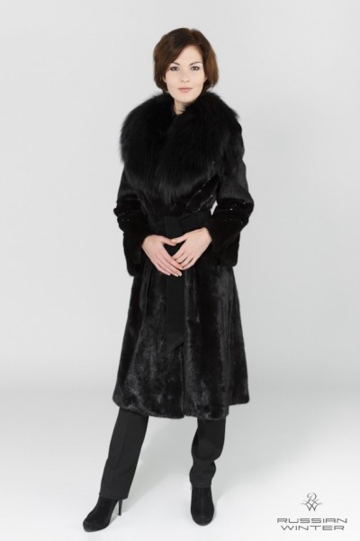 Пальто меховое женское 1537 норка чёрная, лиса цветная.