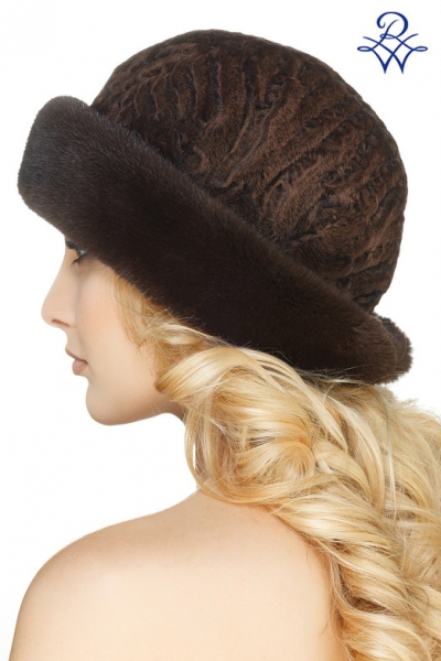 Шляпа из меха норки и каракуля женская модель Мэри норка махагон, каракуль коричневый