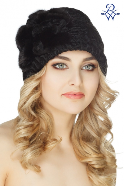 Меховая женская шапка из каракуля чёрного 718.01Д Шляпка каракуль чёрный, норка чёрная