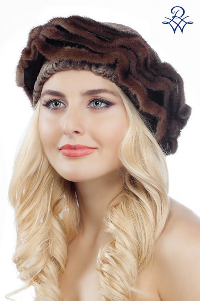 Меховая женская шапка из каракульчи коричневой и норки 43305699 модель Джулия норка орех, каракульча