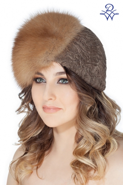 Женская шапка из куницы и каракульчи коричнево-серой модель чалма куница лесная натуральная