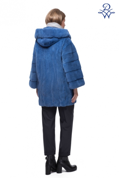 Норковая куртка с капюшоном женская модель 281К норка синяя