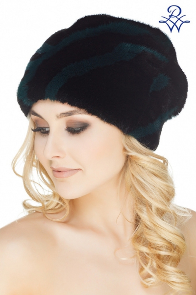 Женская шапка из меха норки модель Колпак с дном Абстракция норка чёрная, изумруд