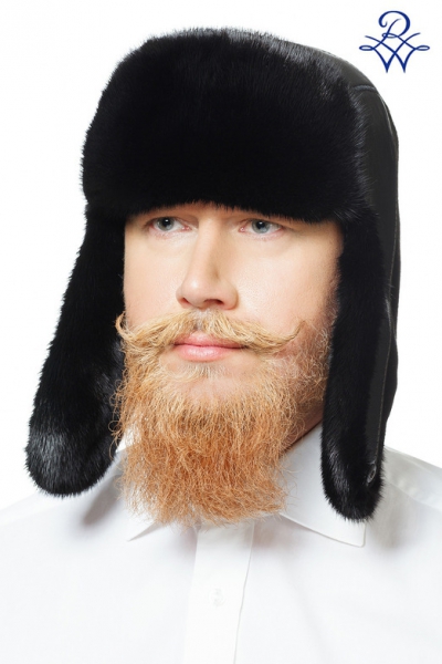 Мужская шапка ушанка комбинированная Трейд норка чёрная, кожа
