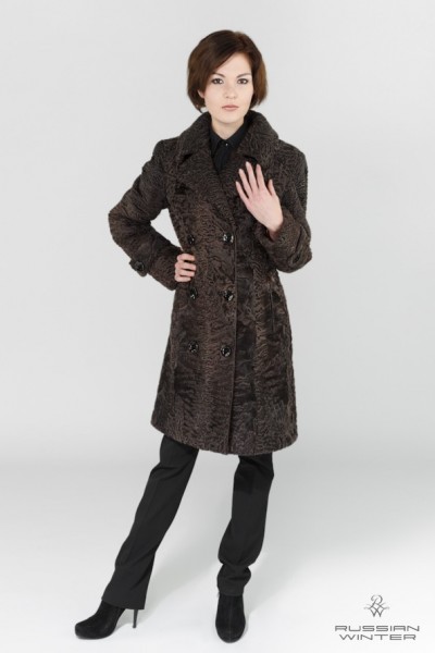 Пальто меховое женское Мундир каракуль афганский коричневый, кожа.